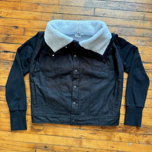 OAK Black Denim Sherpa Fleece Drape Collar Jacket - Picture 1 of 5